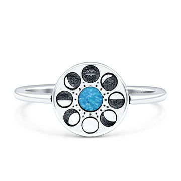 Moon Phases Ring 10mm Oxidized Round Lab Created Blue Opal 925 Sterling Silver Wholesale